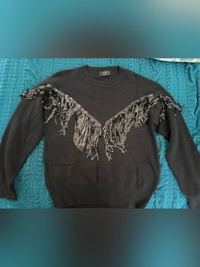 Vici Black Sequin Fringe Crewneck Sweater